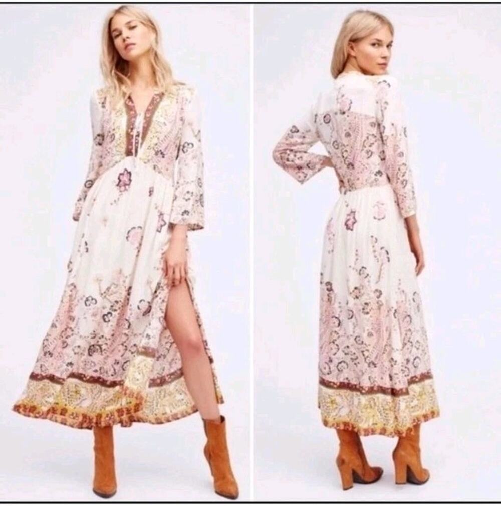 Free People Maxi Dress Sz M Cream If You Only Knew Paisley Boho Empire Waist